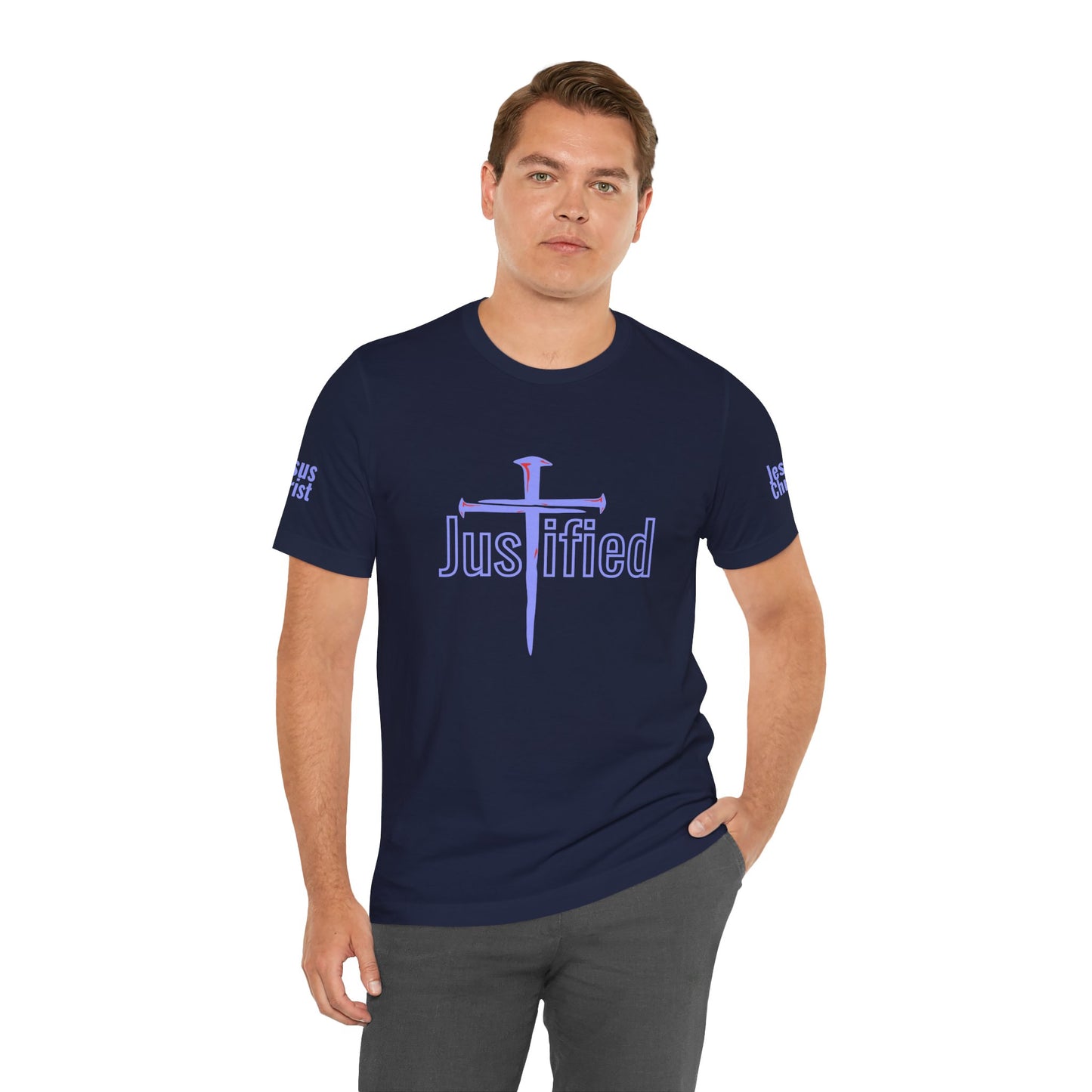Justified Cross Jersey Tee - Bold Graphic Shirt for Faith and Style