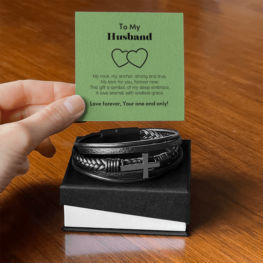 To My Husband My Love Stainless Steel Cross Leather Bracelet