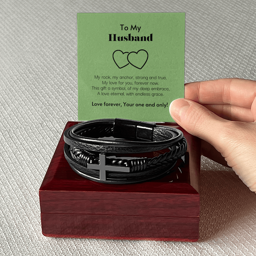 To My Husband My Love Stainless Steel Cross Leather Bracelet