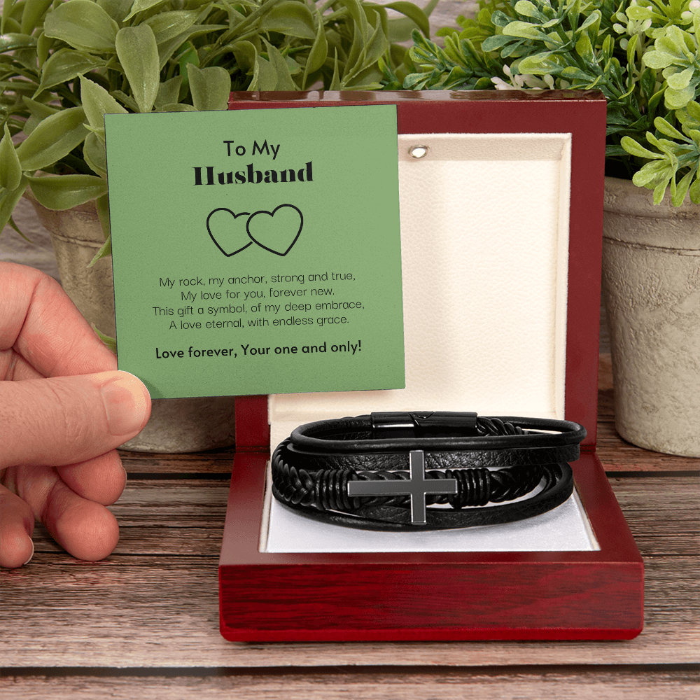 To My Husband My Love Stainless Steel Cross Leather Bracelet