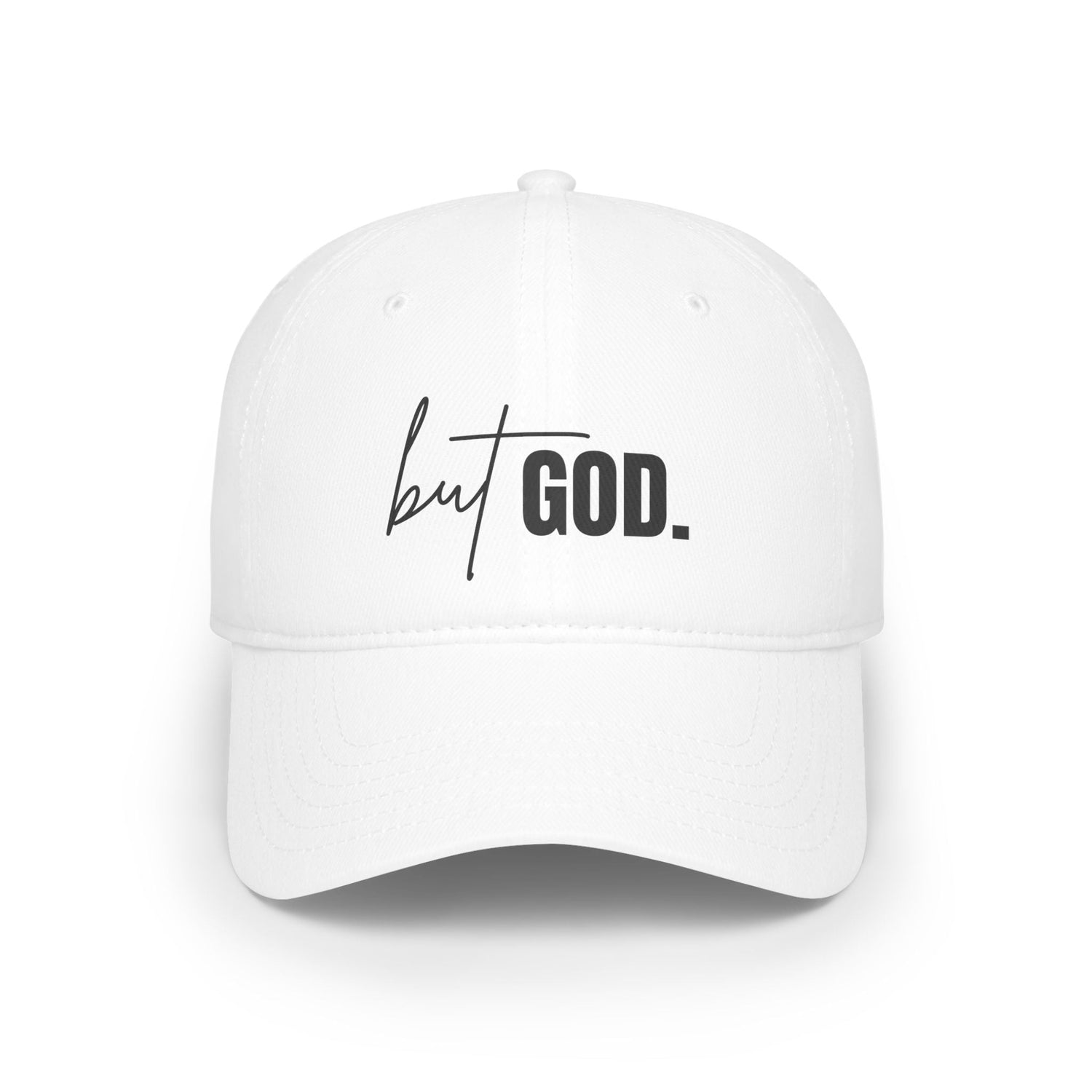 White baseball cap with design entitled But God. Also available, bucket hats and more with faith-inspired designs such as Forgiven Not Forsaken and colorful designs that depict the faithfulness and splendor of God.
