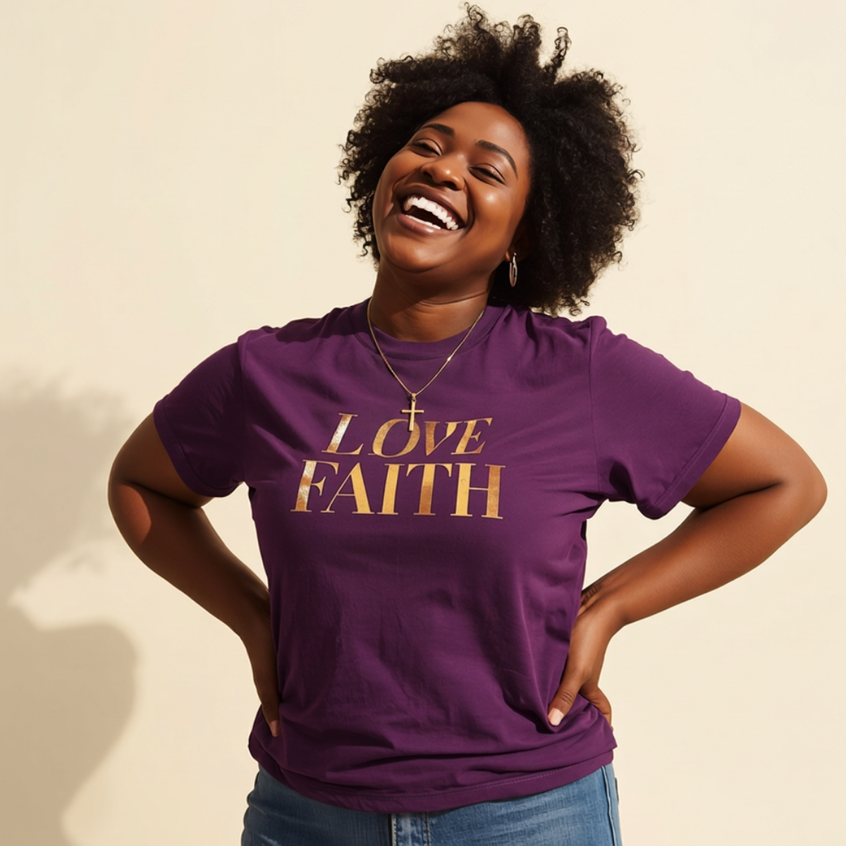 Confident, joyful Black woman in her early 30s wearing a deep purple faith-inspired t-shirt with gold lettering, and a gold cross necklace standing in bright natural daylight.